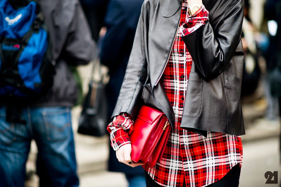 Plaid Shirt With Leather Blazer and Red Clutch