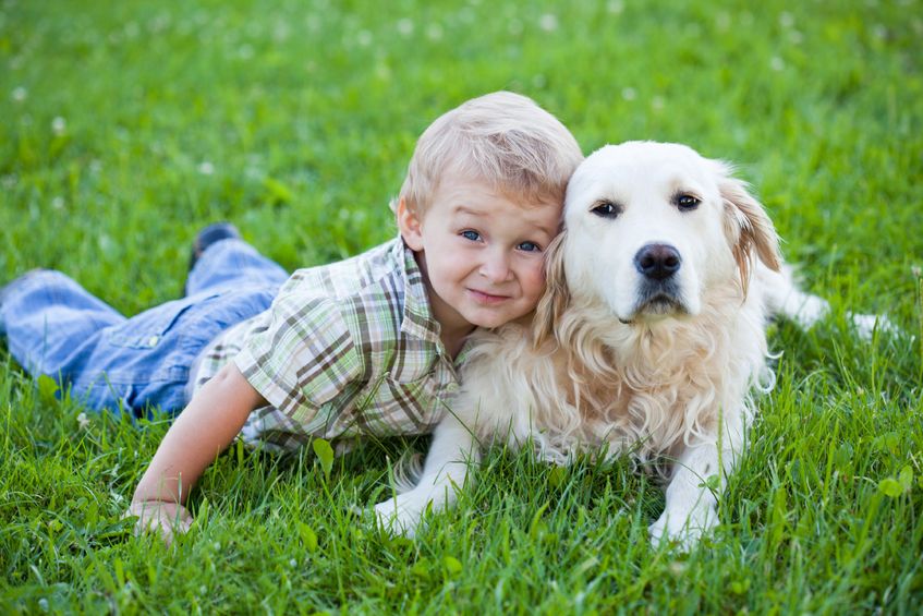 toddler and dog on grass
