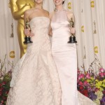 Anne Hathaway in Prada light pink column gown and Jennifer Lawrence in blush Dior Haute Couture.